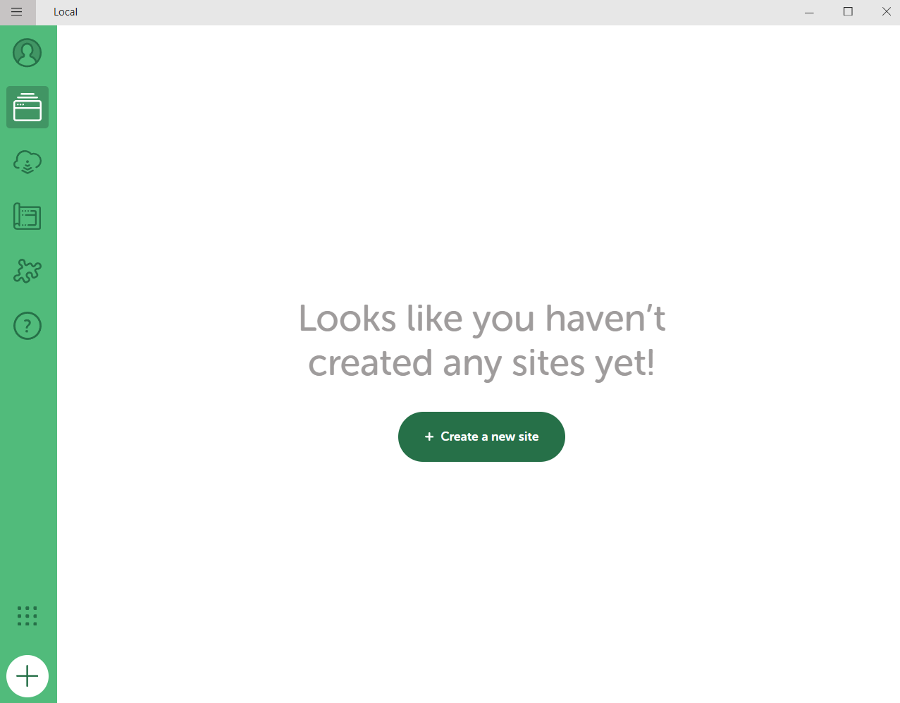 LocalWP welcome screen with the Create a new site button