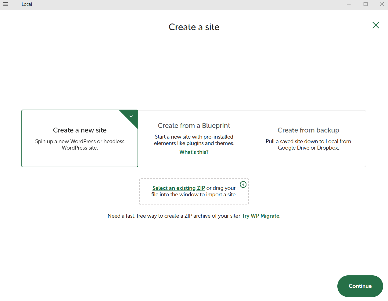 LocalWP choice between creating a new site, a blueprint, or a backup
