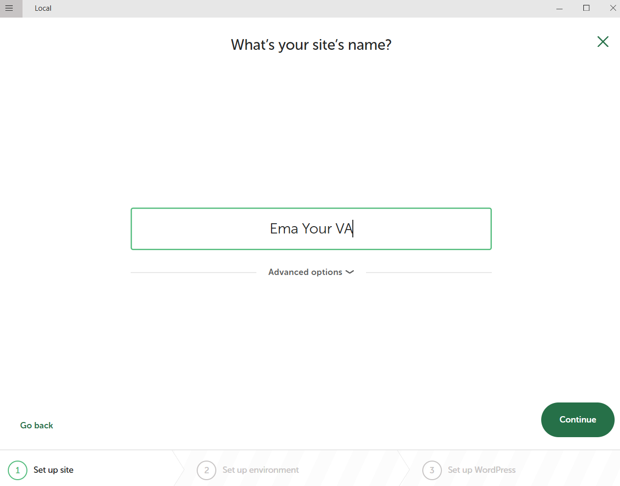 LocalWP site name field