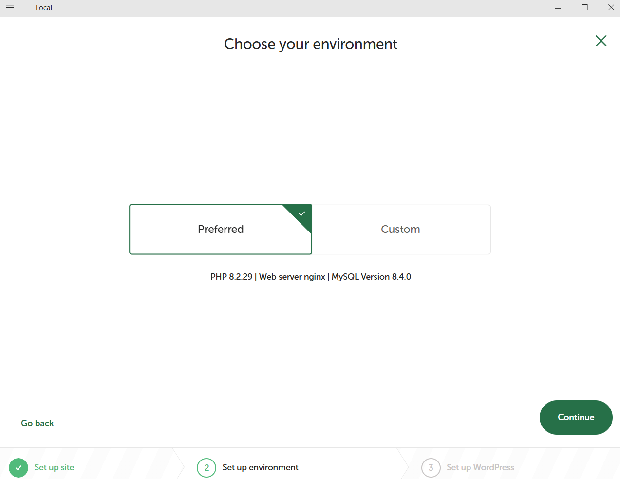 LocalWP Choose your environment step with Preferred selected