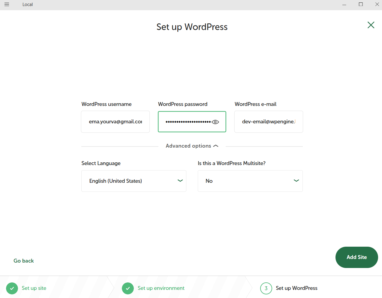 LocalWP Set up WordPress step with username, password and email fields