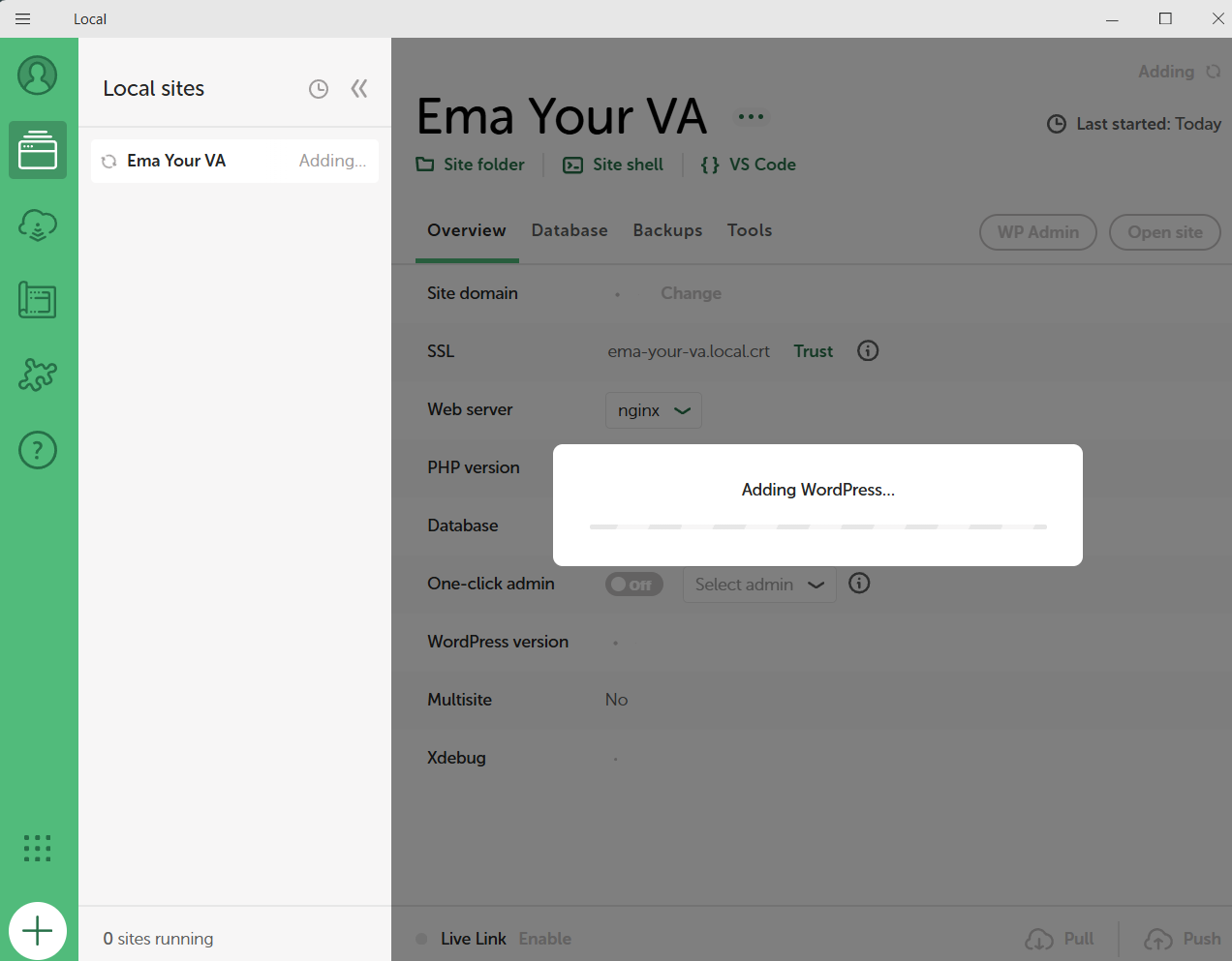LocalWP adding WordPress progress screen