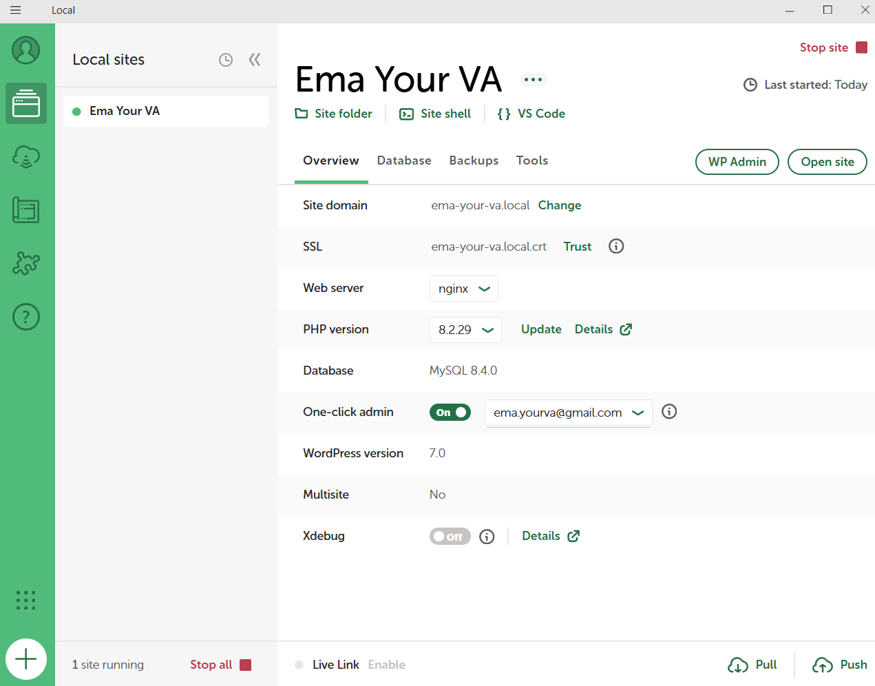 LocalWP site overview with the WP Admin and Open site buttons