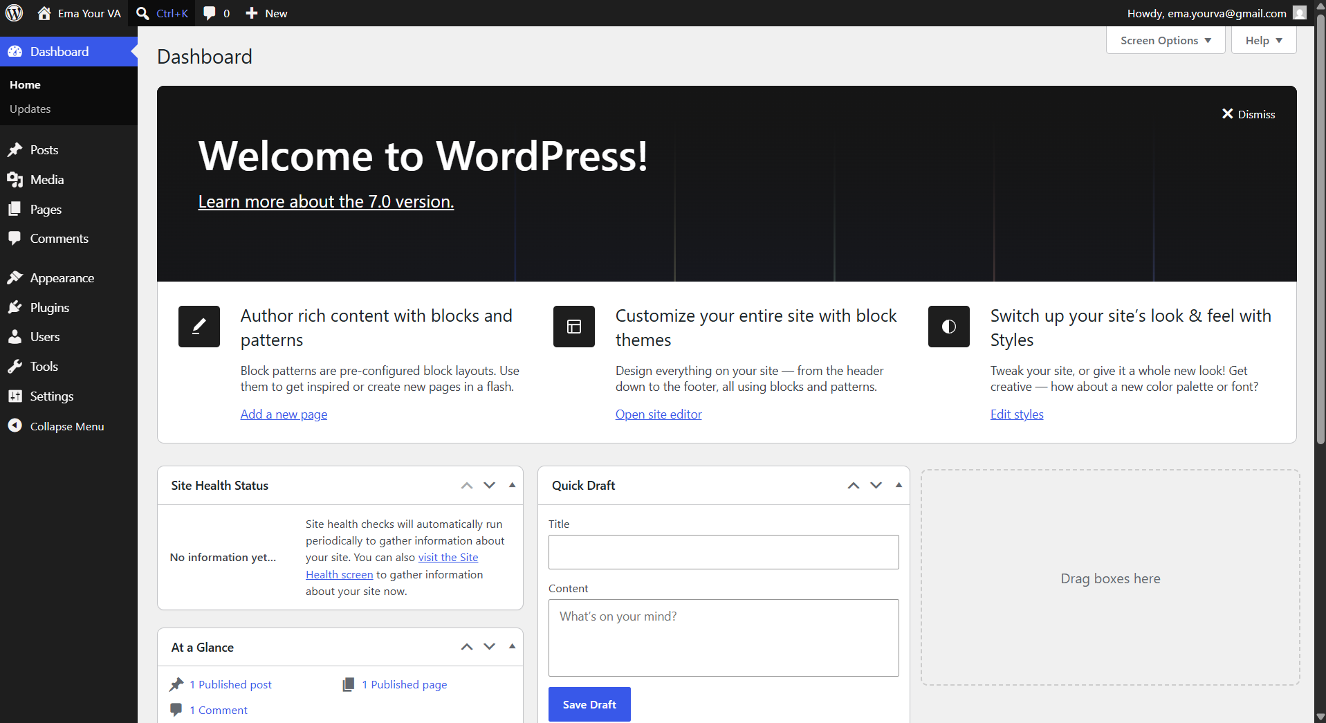 The WordPress dashboard of the new local site