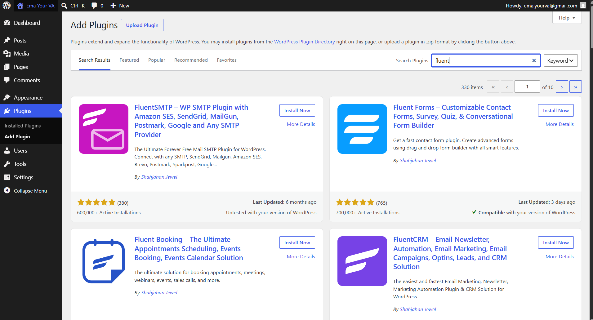 WordPress plugin search results for Fluent showing Fluent Forms