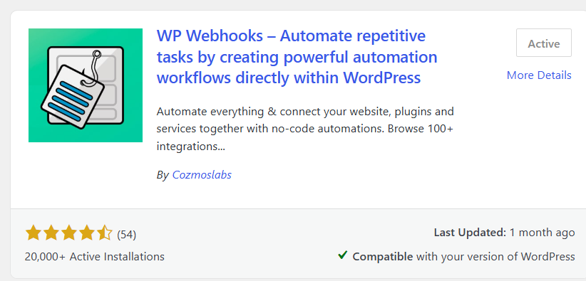 WP Webhooks plugin in the WordPress plugin search results