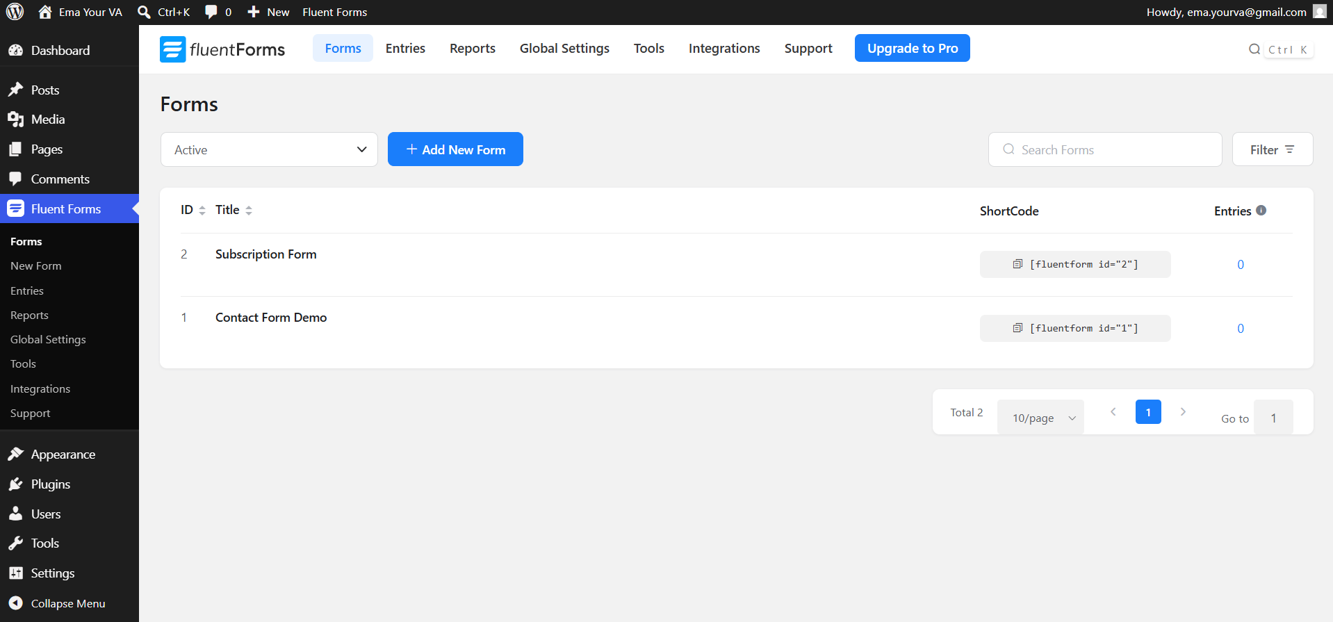 Fluent Forms list of default forms
