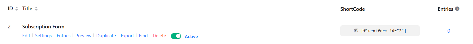 Settings link under a form in Fluent Forms