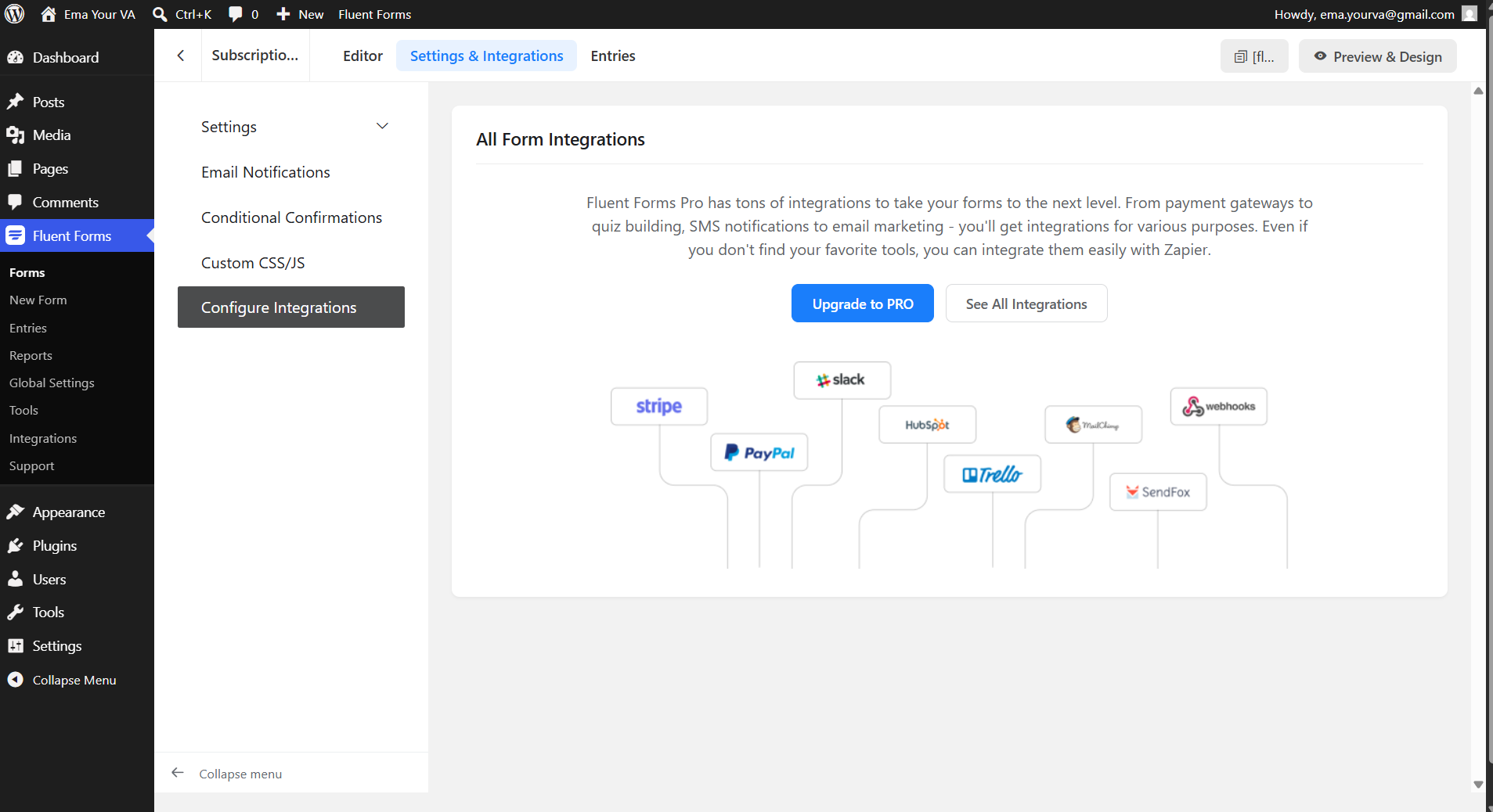 Fluent Forms integrations screen showing the Pro requirement