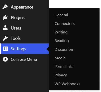 Opening WP Webhooks from the Settings menu