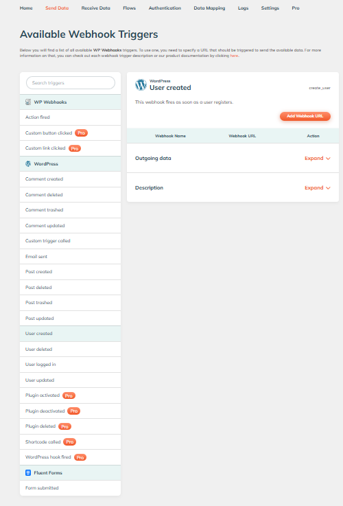 WP Webhooks Send Data tab listing available triggers