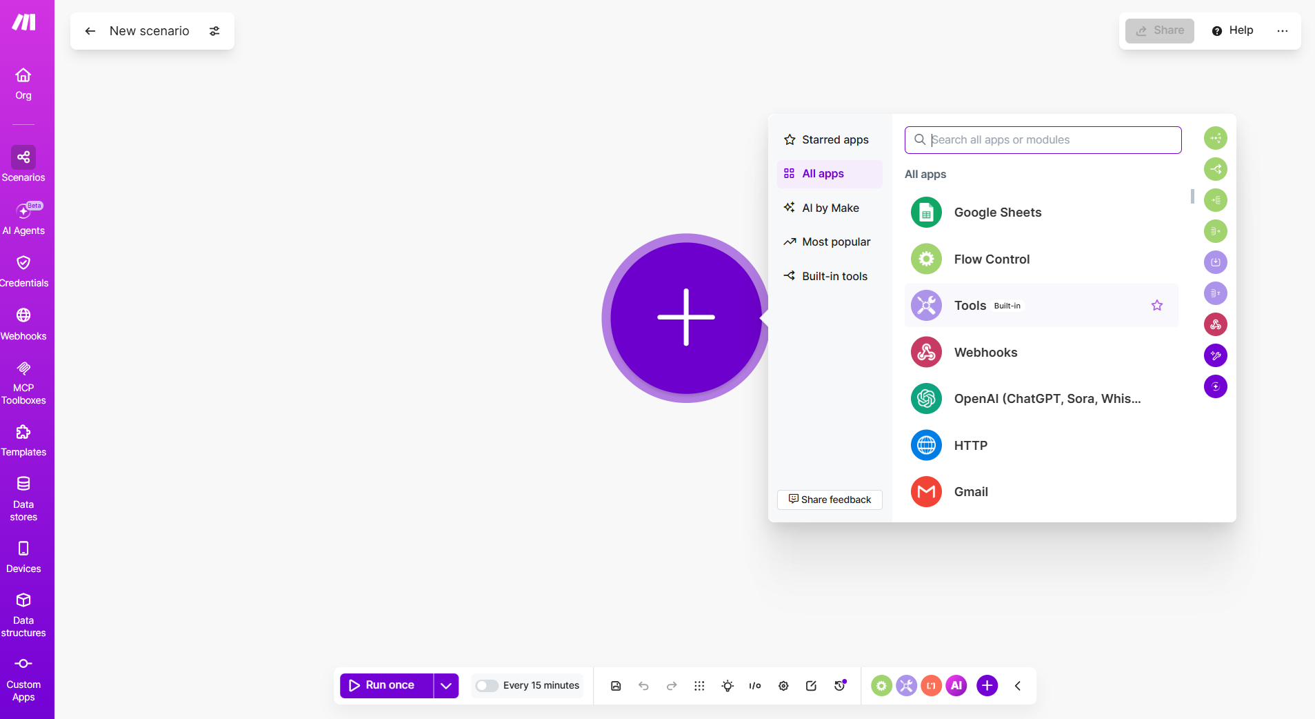 Make.com new scenario with the plus bubble and Webhooks app