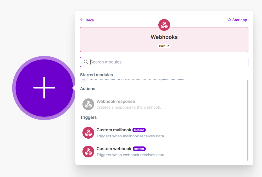 Choosing the Custom webhook trigger in Make.com