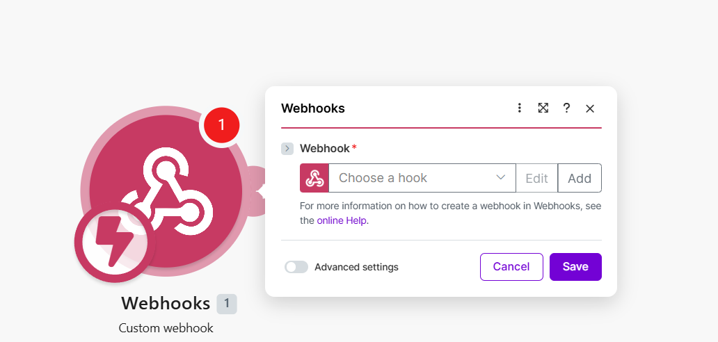The Custom webhook module settings in Make.com