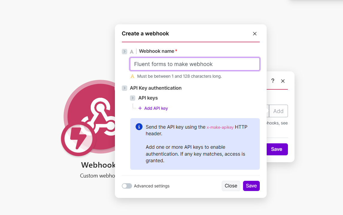 Naming and saving a new webhook in Make.com