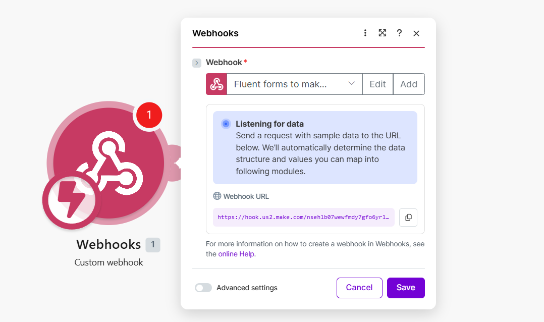 The generated webhook URL in Make.com with the copy button