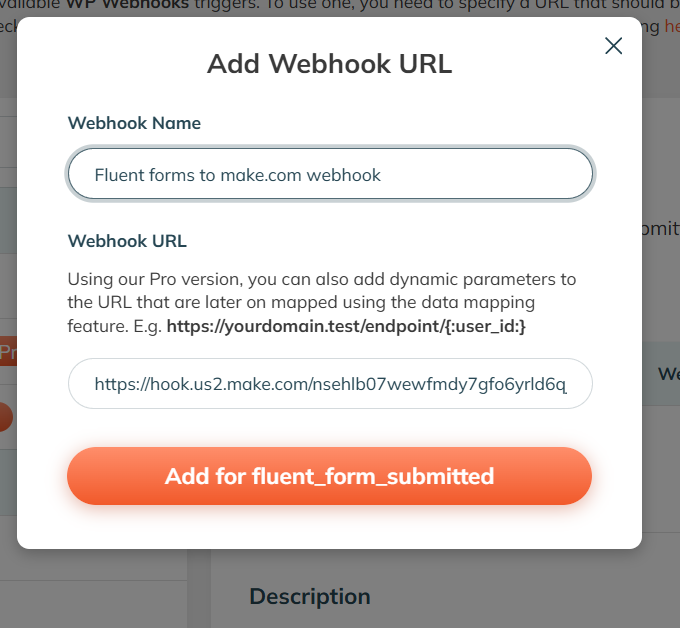 Pasting the Make.com webhook URL into WP Webhooks
