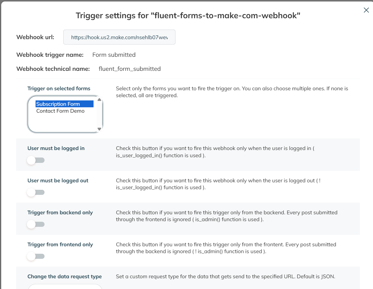 Selecting the Subscription form in the webhook settings