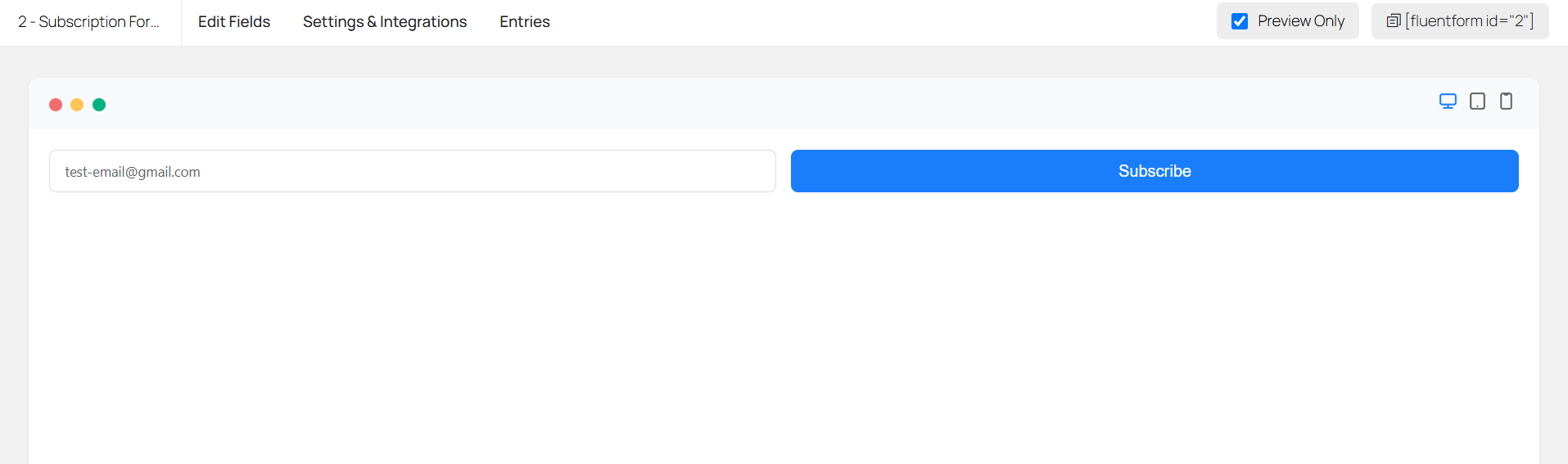 The subscription form preview with a test email typed in