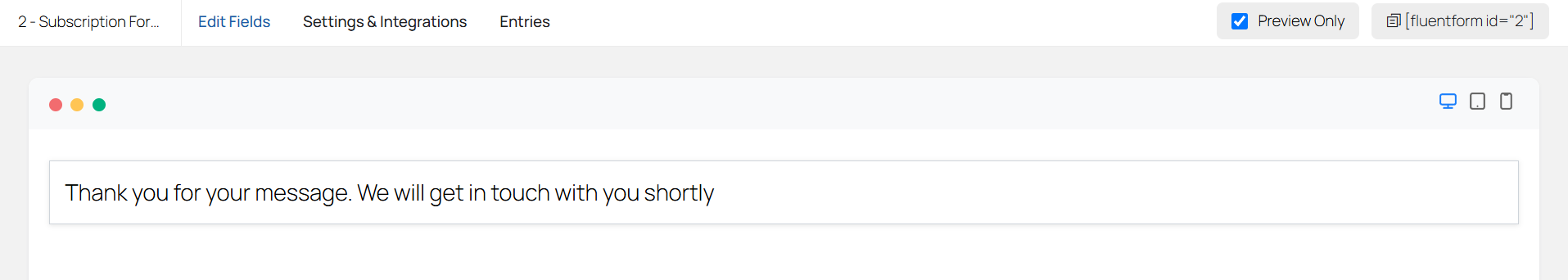 The thank-you confirmation after submitting the form