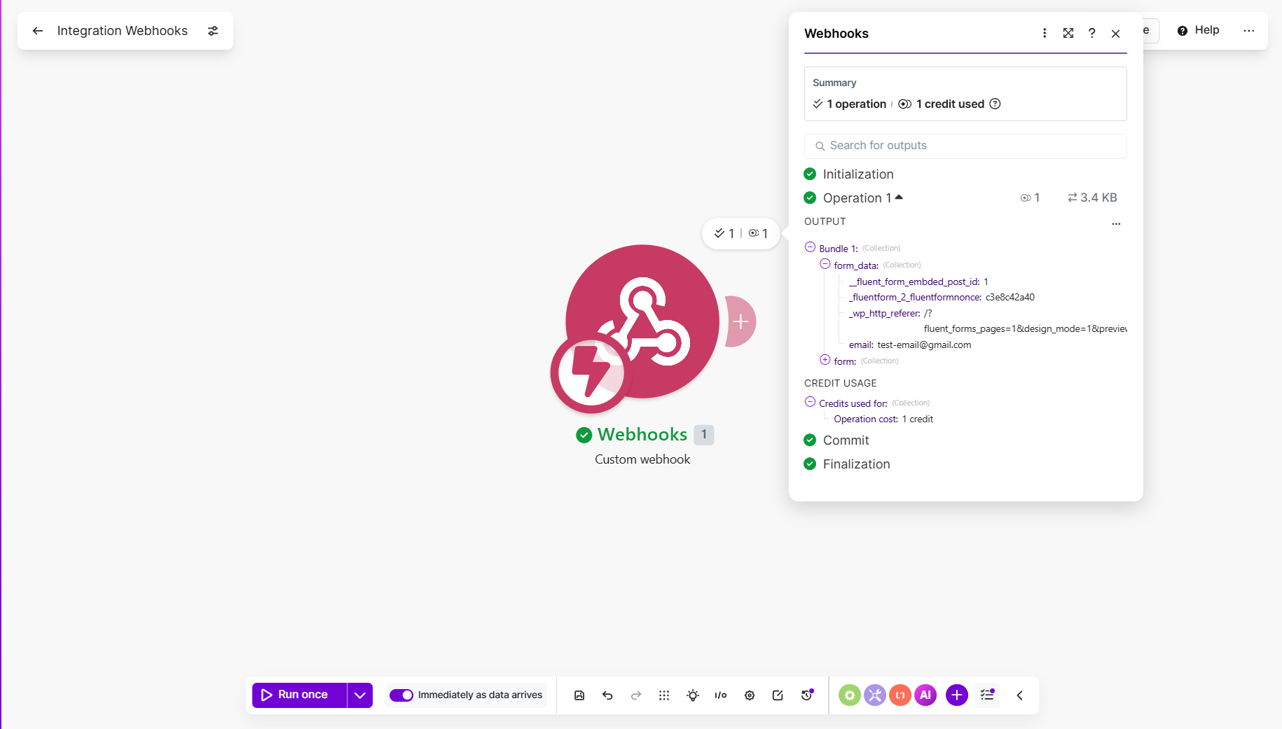 Make.com webhook output bubble showing the submitted test email
