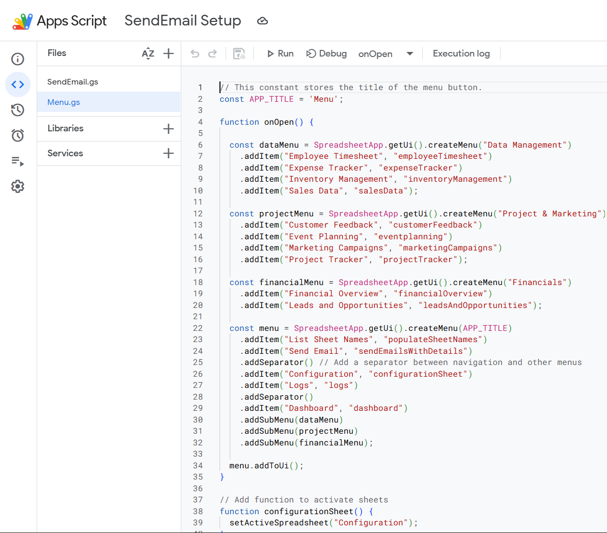 Custom Menu dropdown open in Google Sheets