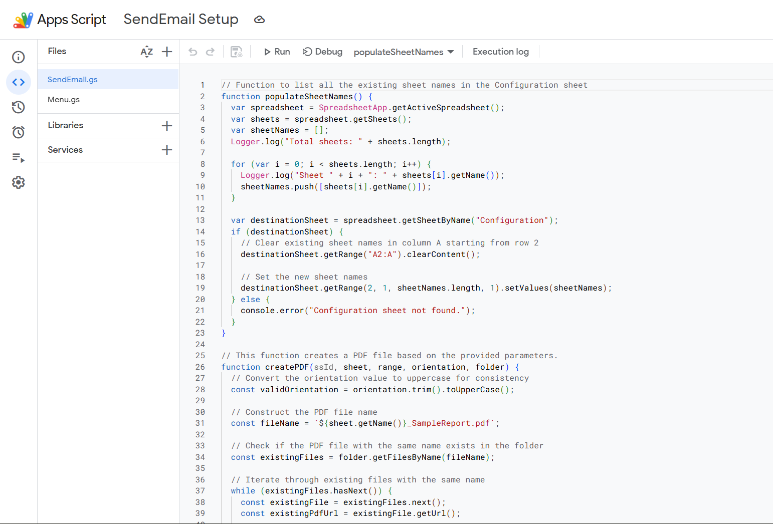 SendEmail.gs file open in the Apps Script editor