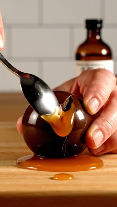 A molten chocolate shell cracking open