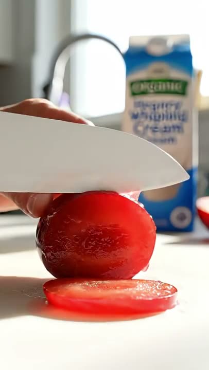 A glass plum being sliced